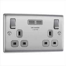 BG Nexus Brushed Steel 13A 2 Gang Switched Socket + USB Grey Trim 3.1A